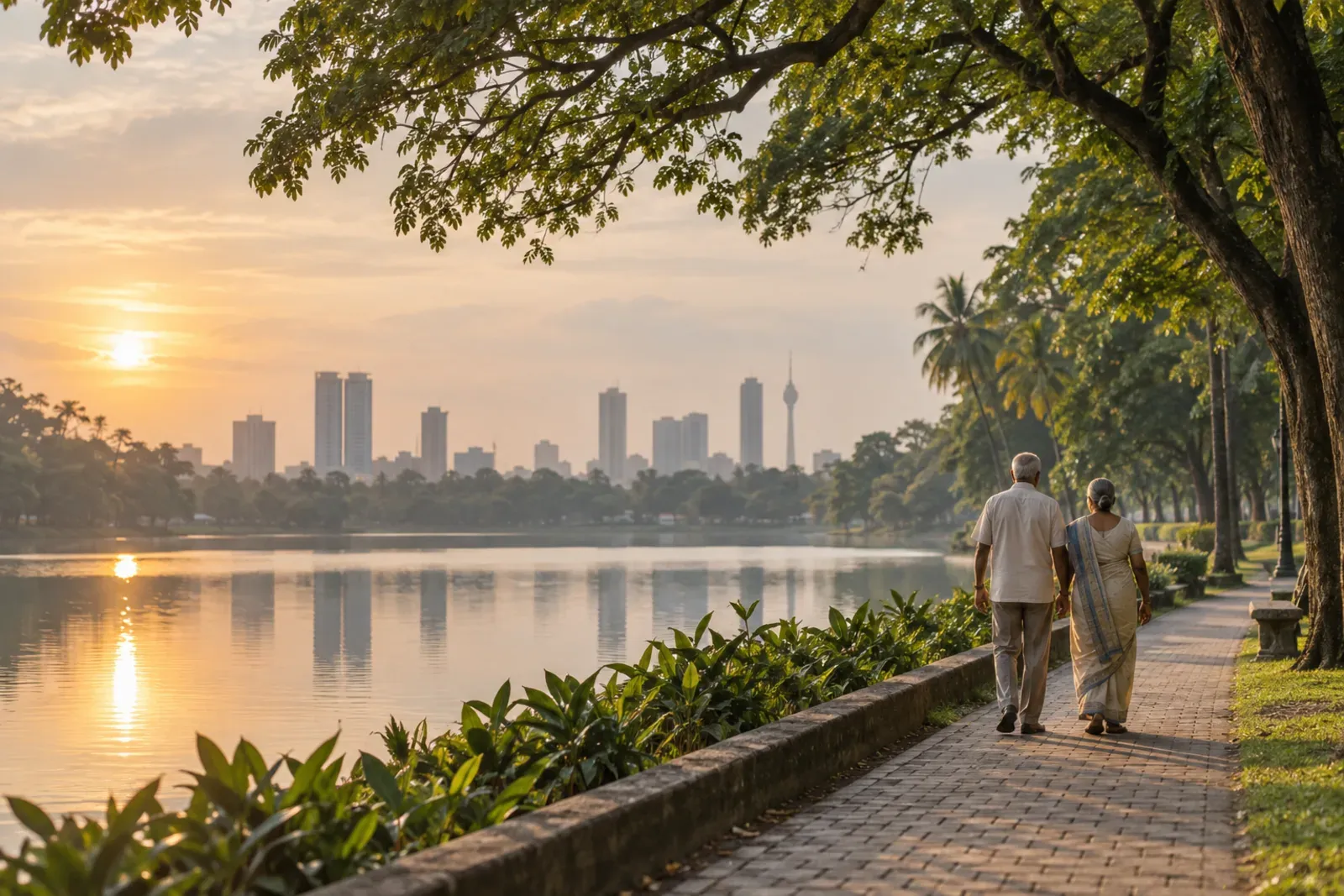 An older couple walking beside a lake at sunrise