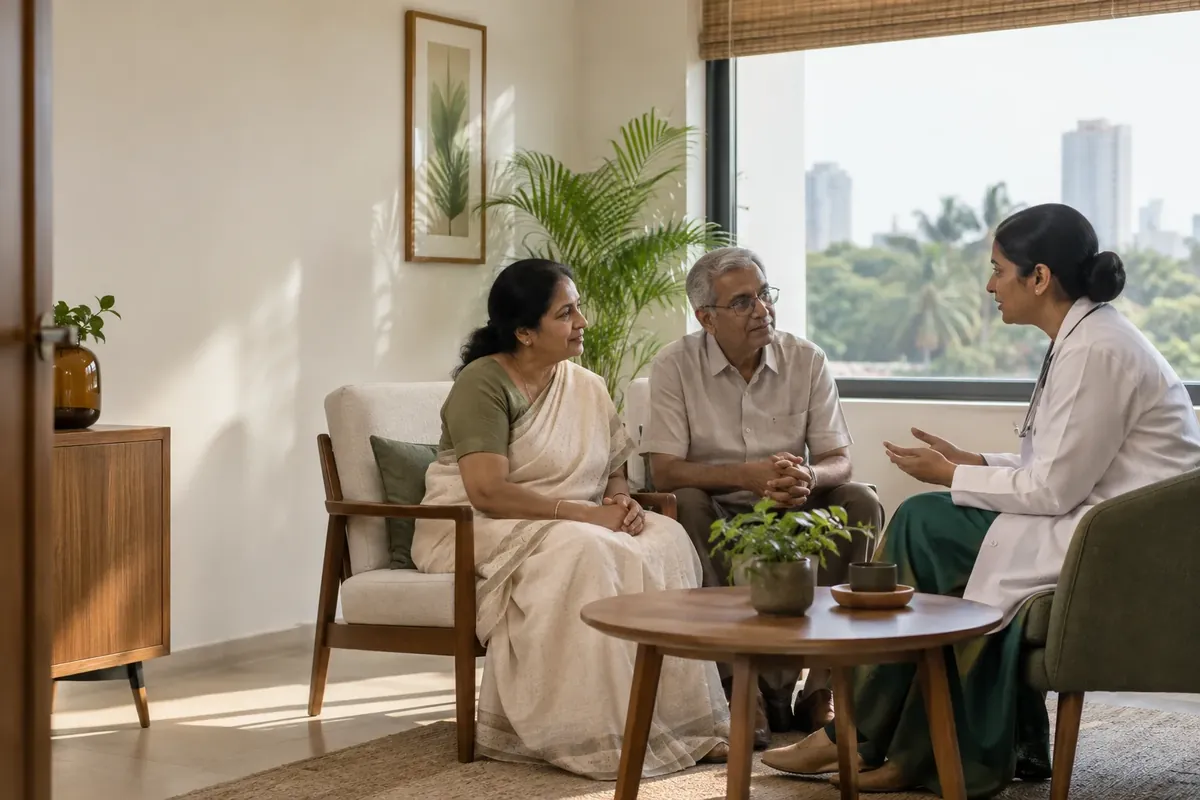 An older couple speaking with a physician in a calm consultation room