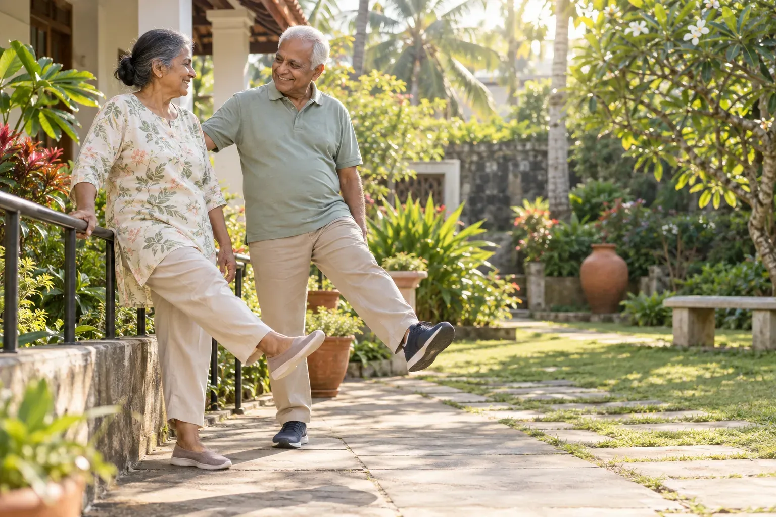 An older couple doing a gentle supported balance exercise in a garden