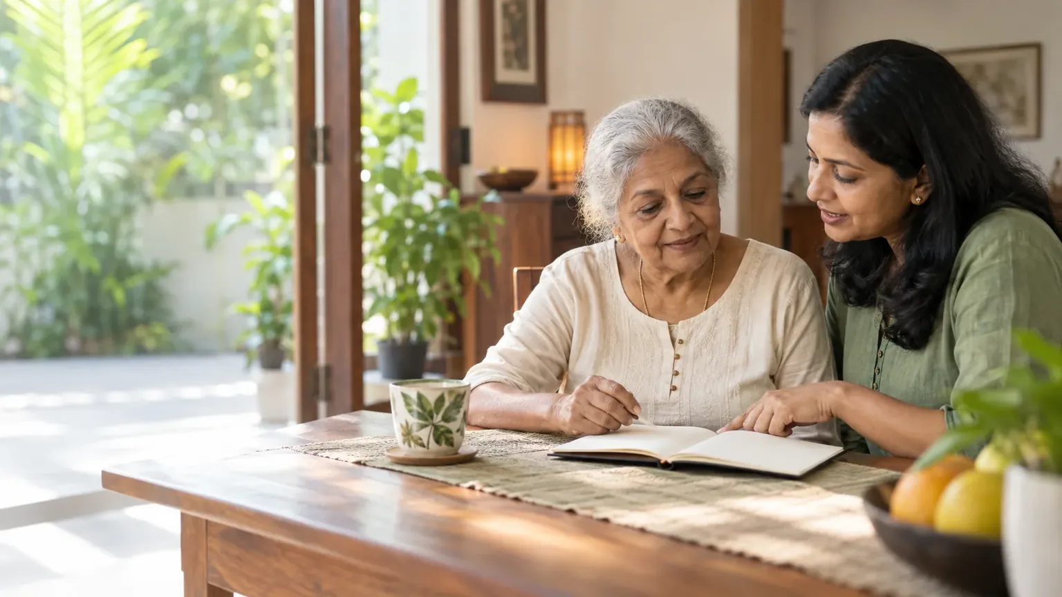 An older woman and her daughter reviewing a notebook together at home