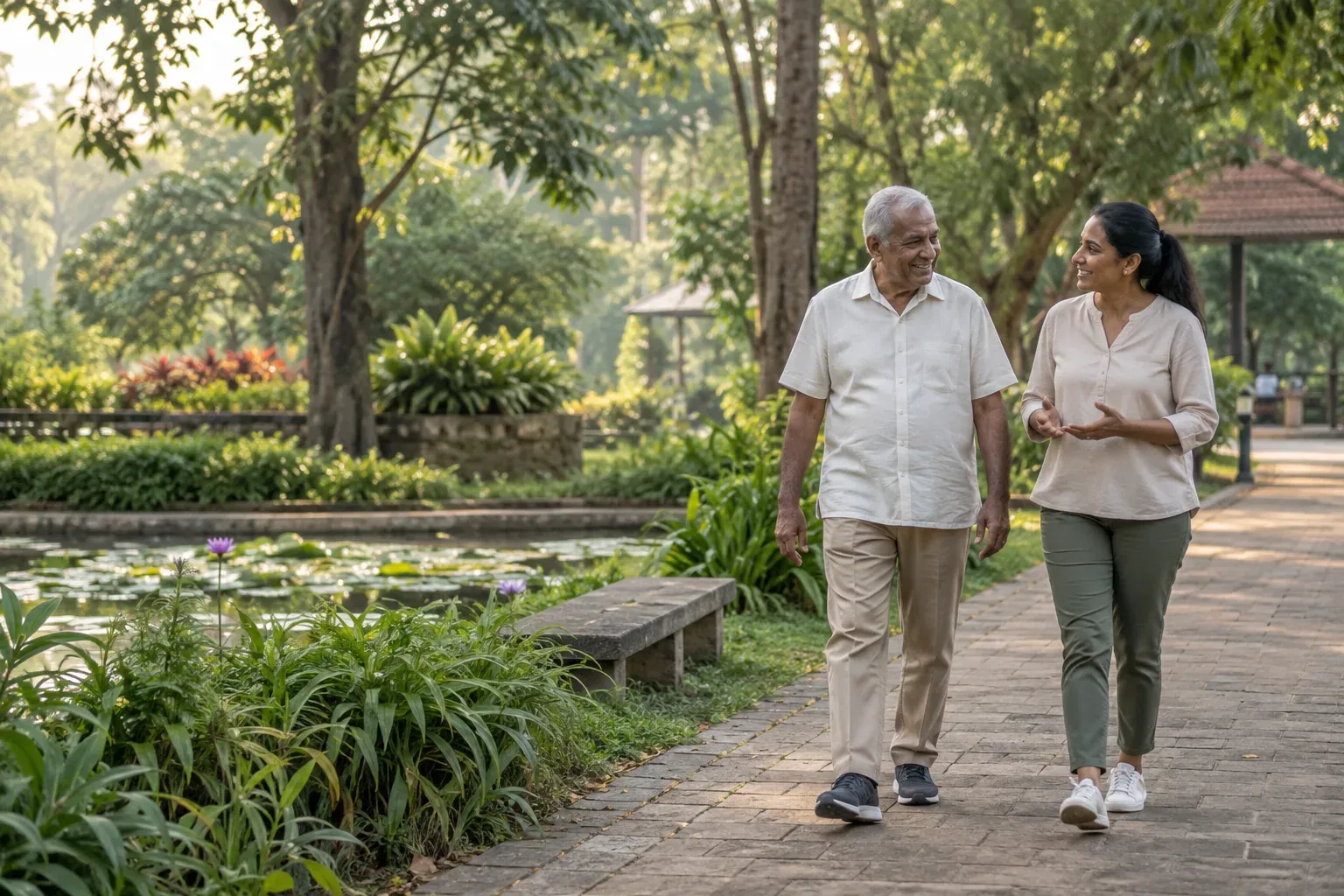 An older man walking with a supporter in a leafy garden