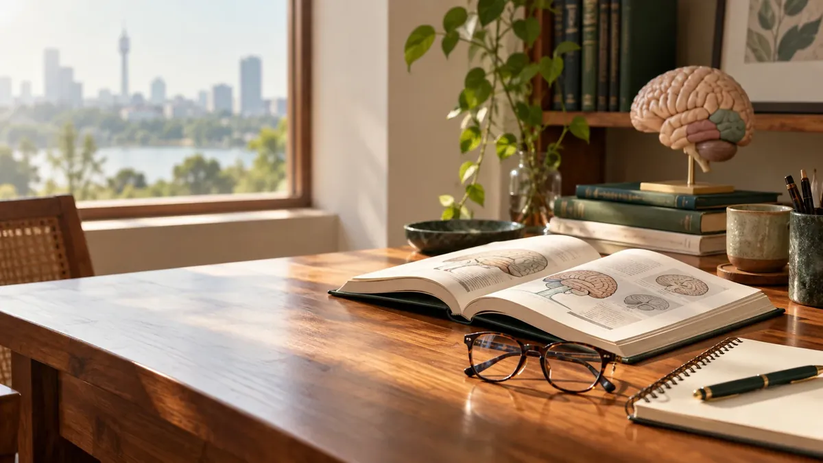 An open anatomy book and brain model on a researcher’s desk
