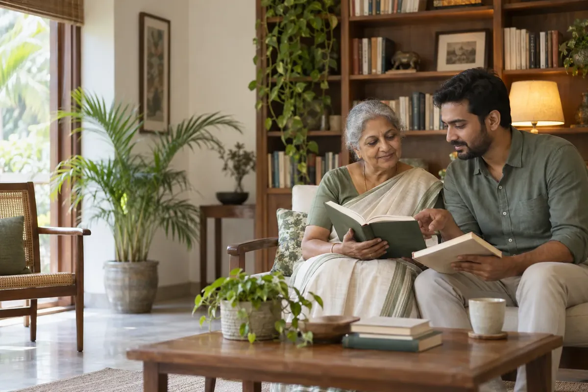 An older woman and her adult son reading together in a library